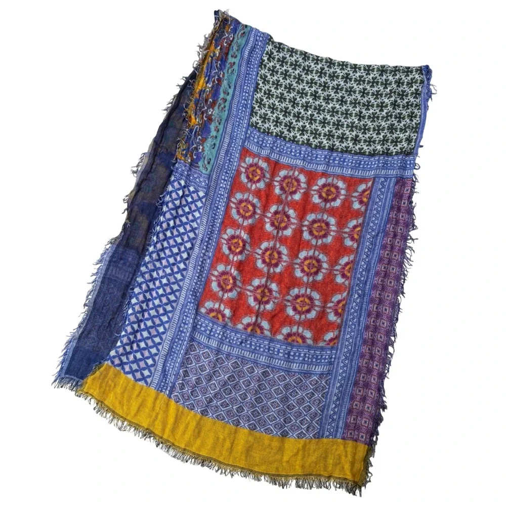 Anu Scarf OS Multicolor Good Patchwork Rayon Boho Frayed Fringe Wrap Gypsy
